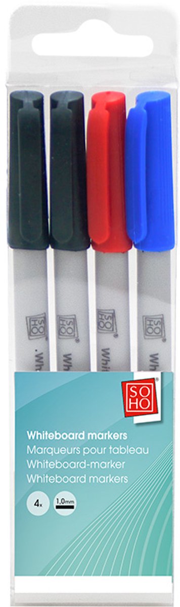 SOHO Whiteboardmarker set - Puntdikte 1mm – Marker voor Whiteboard – 4 stuks - Zwart/Blauw/Rood/Groen