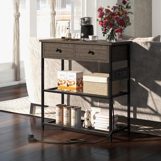 Costway – Console entrée 2 tiroirs avec 2 prises et 2 USB – 3 étagères en treillis métallique – Style industriel métal marron rustique – 81 x 30 x 81 cm