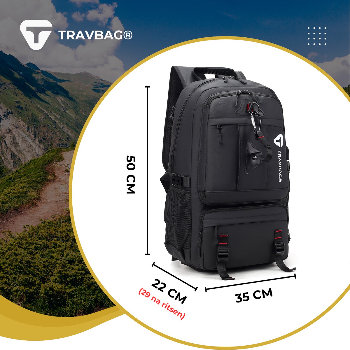 TRAVBAG® VOYAGER Rugzak - Ruime capaciteit & Verstelbaar - Backpack Reistas - Wandelrugzak - Waterdicht - USB Oplaadpoort - 65 Liter - Laptopvak - Anti-diefstal - Voor Reizen, Werk & School – foto 8