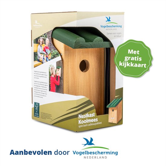 Vogelbescherming Cadeaupakket Koolmees Vogelhuisje - Bruin/Groen - 14 x 12 x 27 cm - Ø32 mm