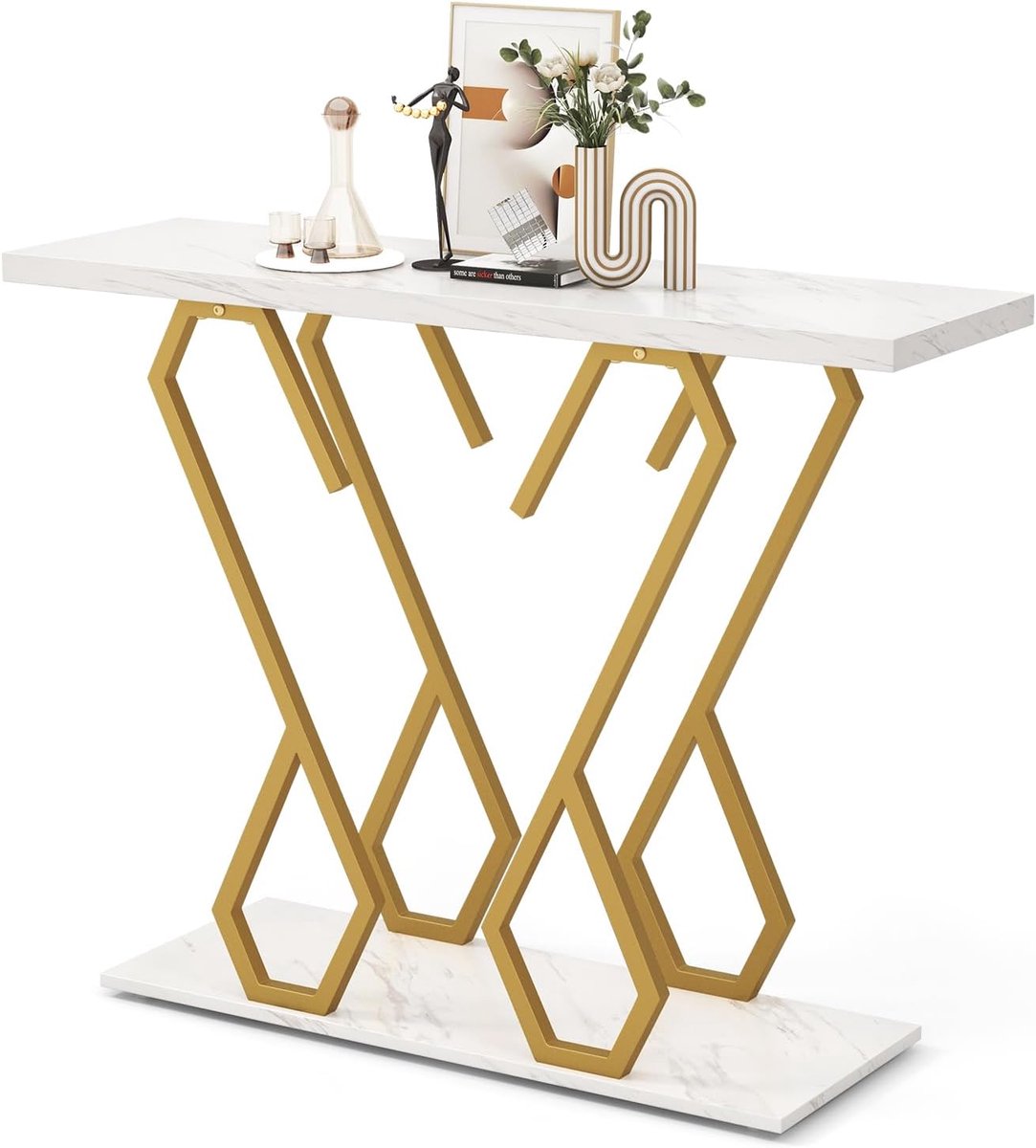 COSTWAY Consoletafel, entreetafel, marmerlook, smalle sofatafel, met metalen frame in vlindervorm, bijzettafel, goud + wit, 100 x 30 x 79 cm, voor woonkamer, kantoor en entree, JV11212WHDE
