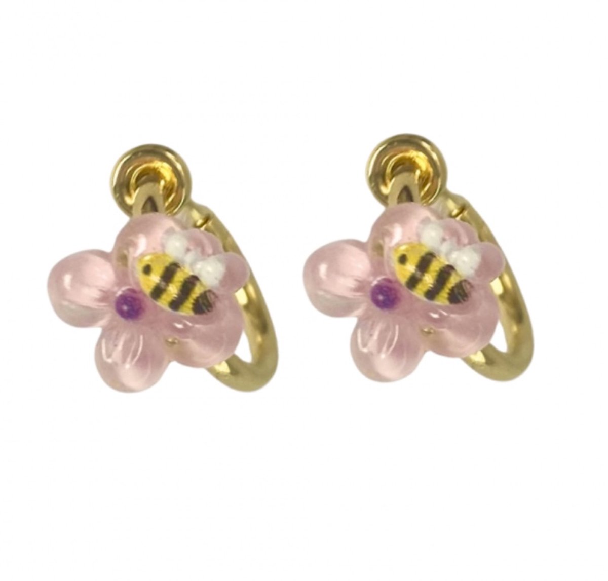 Klem oorringen- roze- bloem- bijtje- goudkleurig-geen gaatje-Charme Bijoux
