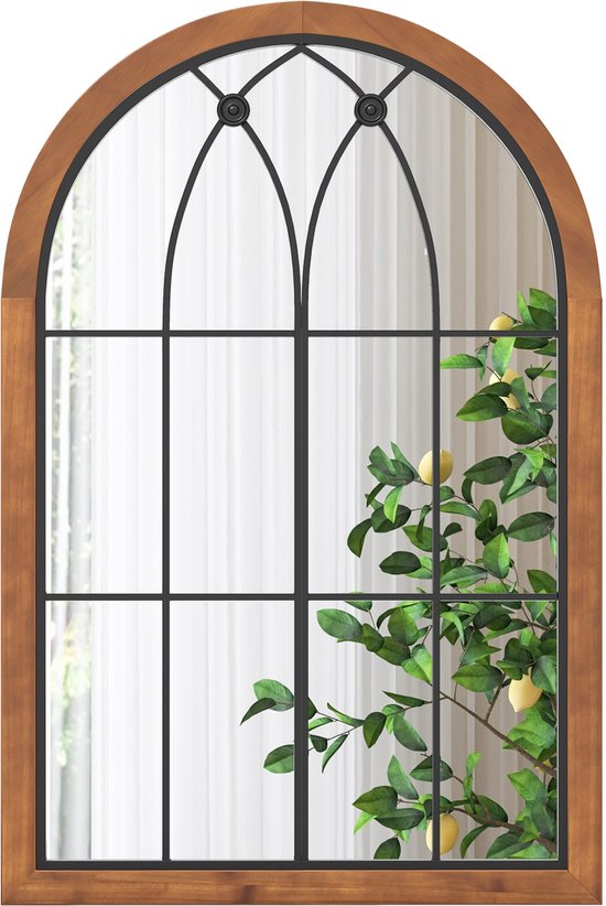 COSTWAY Wandspiegel met raamlook, boogspiegel, vintage, 60 x 90 cm, raamspiegel, decoratieve spiegel, retro, decoratieve hangspiegel voor hal, slaapkamer, woonkamer, metalen frame, rustiek bruin