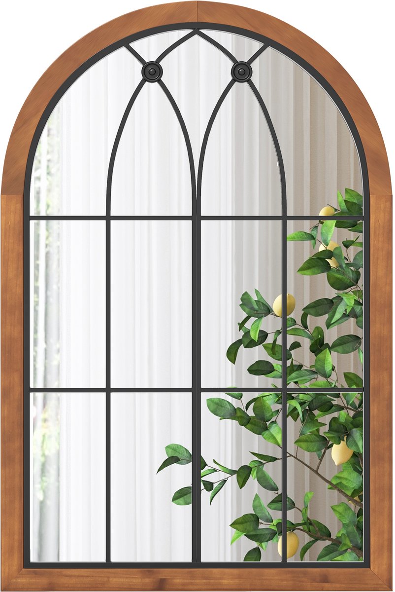 Costway Wandspiegel met raamlook, boogspiegel, vintage, 60 x 90 cm, raamspiegel, decoratieve spiegel, retro, decoratieve hangspiegel voor hal, slaapkamer, woonkamer, metalen frame, rustiek bruin
