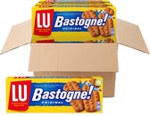 Doos met LU Bastogne! Original koekjes. Gele verpakking met grote ribbelkoekjes, één is gebroken.