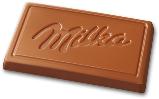 Een Milka chocoladereep met de tekst 'Milka' erin.