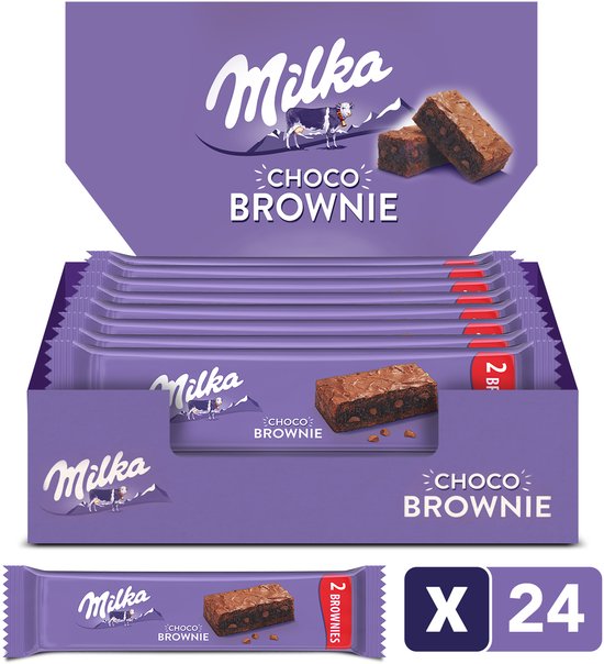 Doos met 24 Milka Choco Brownies, elk verpakt. Een doos met individuele verpakkingen van Milka Choco Brownies.