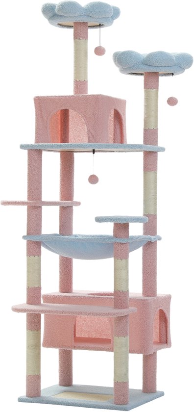 Roze kattenboom met blauwe wolken, hamak, huisjes en krabpalen.