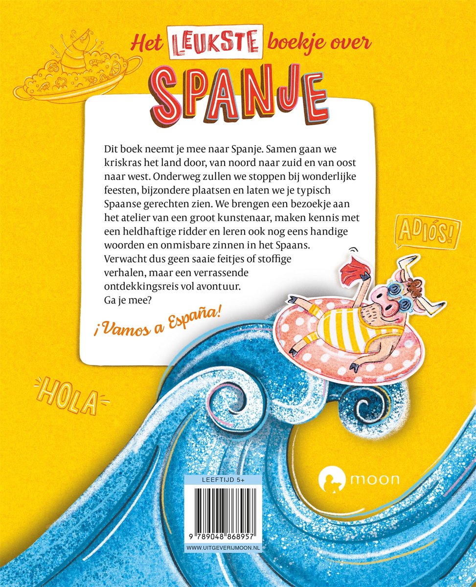 Achterkant boek 'Het leukste boekje over Spanje' met een stier in een zwemband en golven.