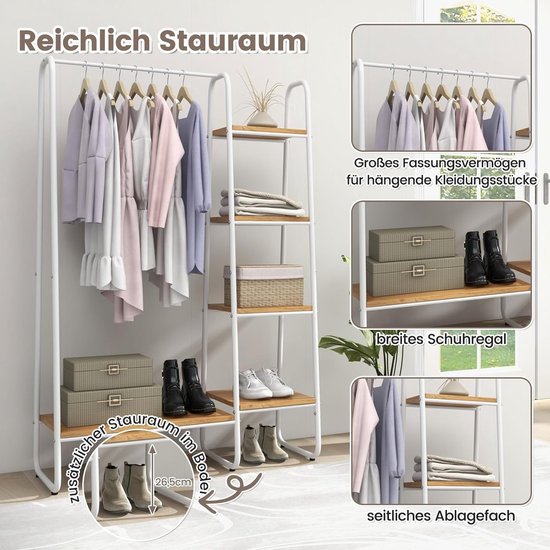 COSTWAY Kledingrek, vrijstaande garderobe met 2 planken en stabiele kledingstang, open kledingrek met schoenenrek, voor slaapkamer, woonkamer, entree, hal (zwart