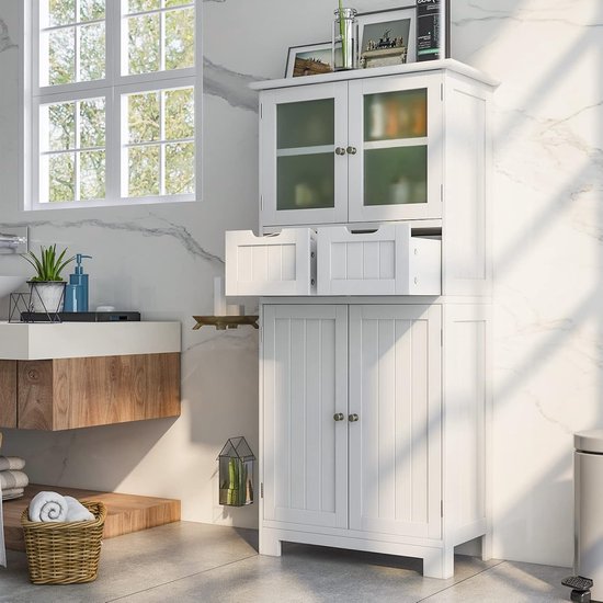 COSTWAY Badkamerkast met 2 laden en 4 deuren, badkamerkast met verstelbare planken, opbergkast voor badkamer, keuken, woonkamer (wit)