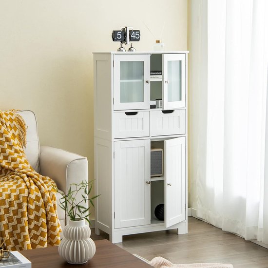 COSTWAY Badkamerkast met 2 laden en 4 deuren, badkamerkast met verstelbare planken, opbergkast voor badkamer, keuken, woonkamer (wit)