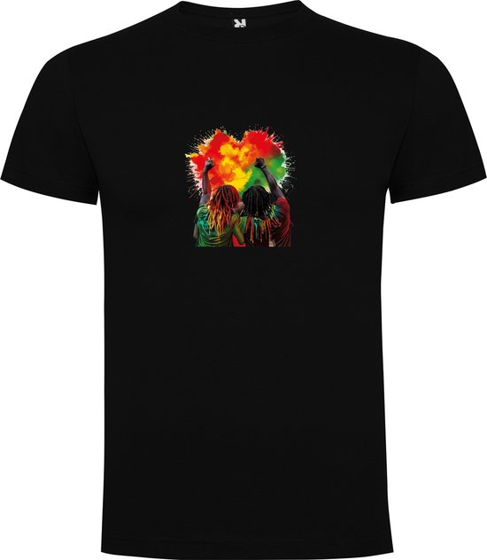 Zwart T-Shirt met Kleurrijke print “ Festival – Rasta – Reggae – Muziekstijl - Vrijheid “ Print Full Color Maat 2XL