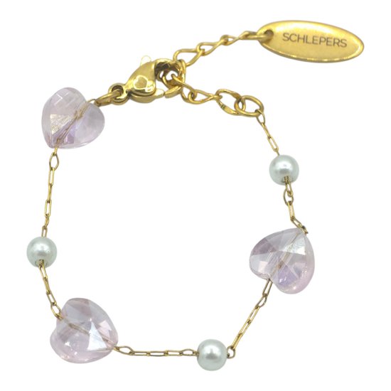 Gouden armbandje met roze hartjes en parels, met "SCHLEPERS" bedeltje.