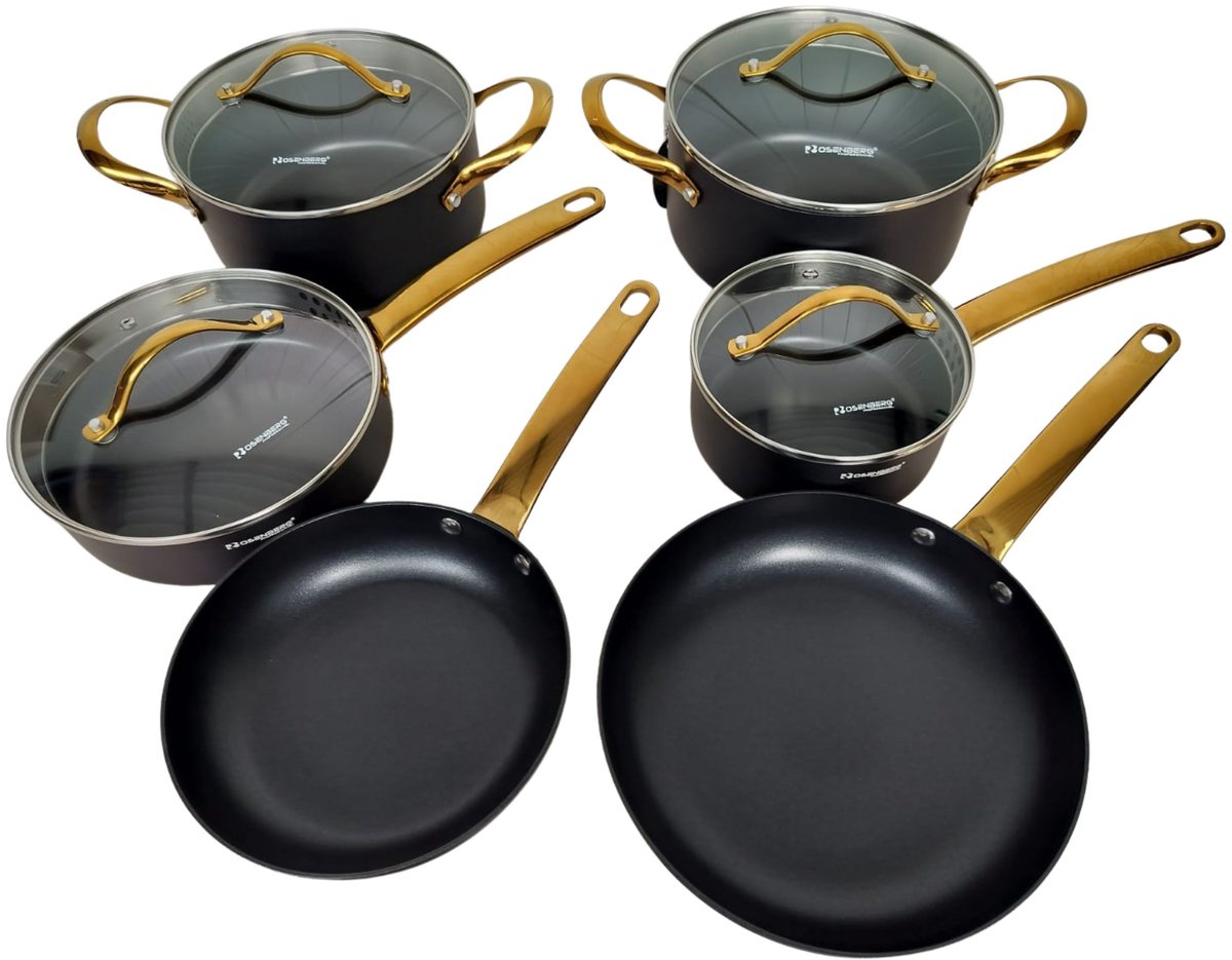 Rosenberg Luxe Pannenset - 10 delig - Zwart - Inductie - Met glazen deksels