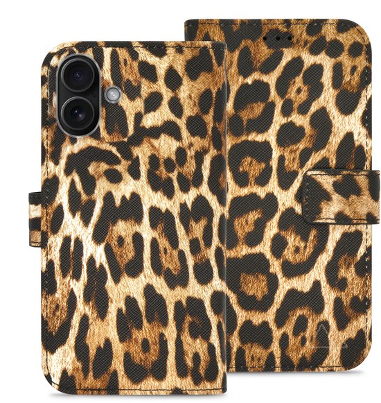 Coque de téléphone My Style adaptée à Apple iPhone 16 Plus | Portefeuille Bookcase My Style Flex Wallet | Porte-cartes pour 3 cartes | Étui pour carte de débit, carte de transport en commun, permis de conduire - Wild Leopard | Marron