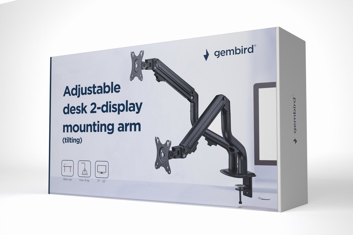 Gembird Dubbele Monitorarm Met Gasveer (zwenkbaar), 17”-32”