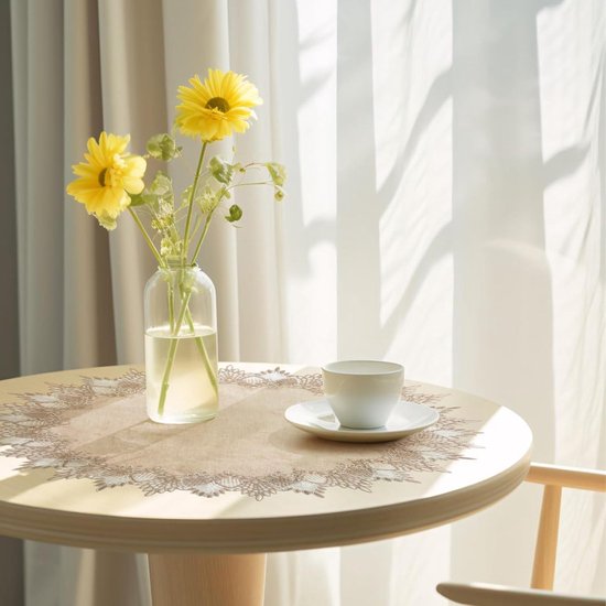 URROMA Linnen ronde beige tafelkleed met kanten rand, salontafel topper tafeldecoratie tafelkleed voor eetkamer keuken, 60 cm x 60 cm
