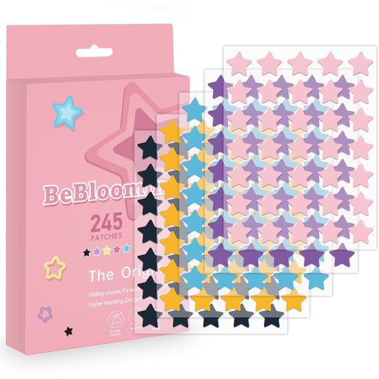 BeBlooming Star Pimple Patch- 245 Stuks - 5 Kleuren Ster Vorm - Acne Patch - Pimple Patches - Puisten Verwijderaar - Mee Eters Verwijderen