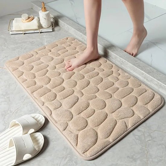 PolkaHome 1 pièce Badmat en mousse à mémoire de forme, hydrophile, dessin de galets, fibre super fine, antidérapant, doux pour salle de bain, baignoire, Cuisine, 40x60 cm, beige