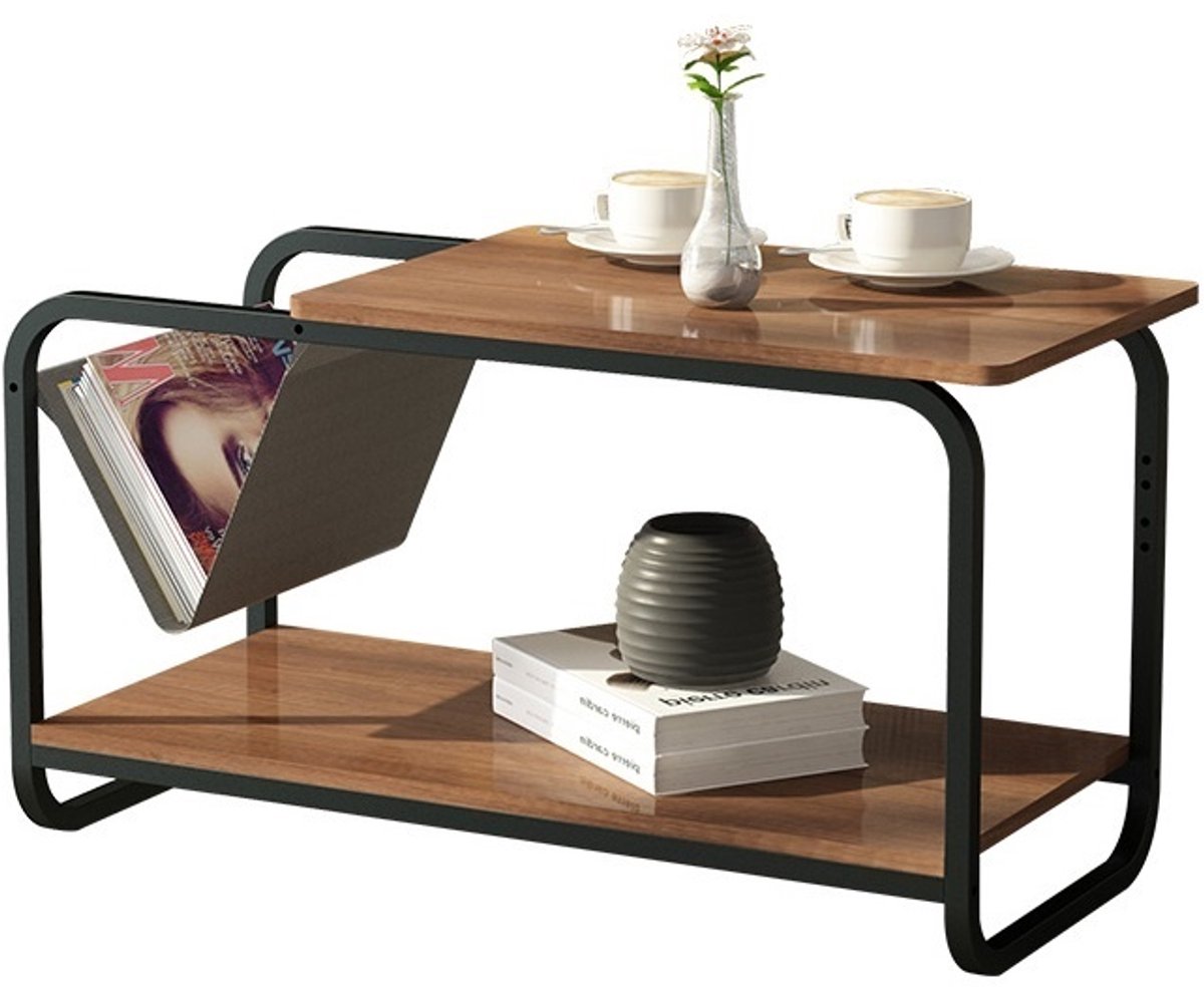 Bijzettafel met krantenbak - 86,5x40x46 cm - Industrieel design - Zwart/Bruin - Metaal en MDF