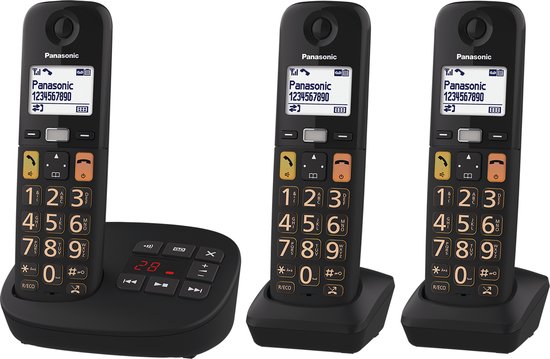 Panasonic KX-TGU133EXB, trio dect ,senioren telefoon, grote toetsen, 3 handsets, antwoordapparaat, zwart foto 2