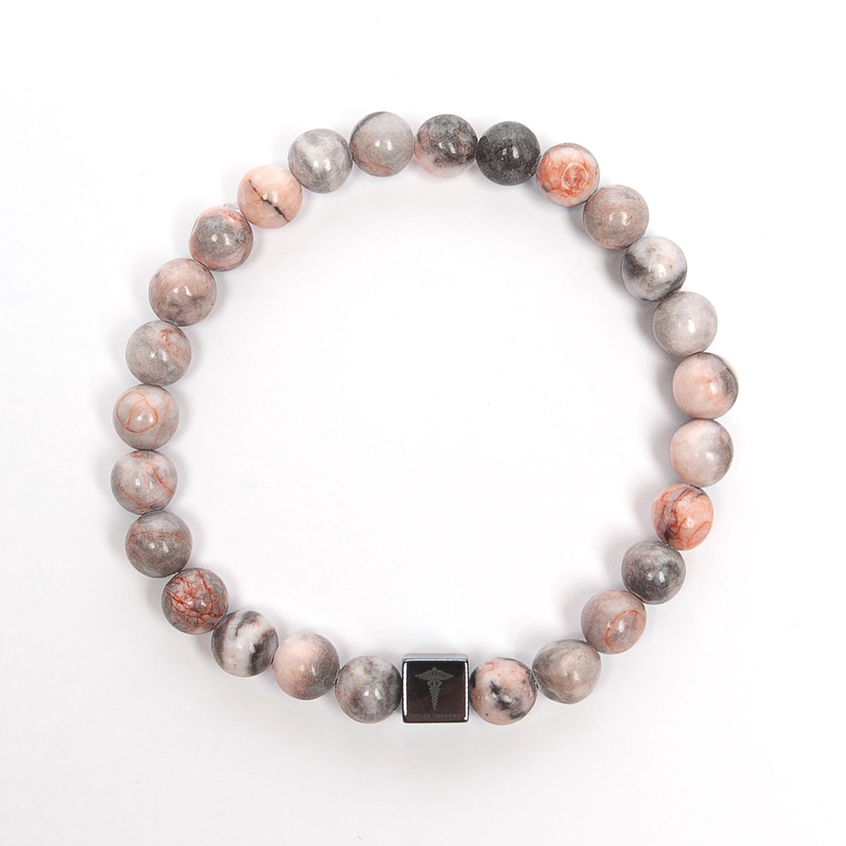 MEN OF MERCURY® Natuursteen Armband Heren - Pink Zebra Jasper - Roze & Wit - Handgemaakt - Elastisch - Kracht & Balans - Spirituele Betekenis - 19cm
