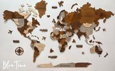 BlueTime Wereldkaart 3D en bois Groot PREMIUM | BOIS VRAI - Couleur chaude - Entièrement durable - Carte - 150 x 50 CM - Décoration murale - Décoration murale- Design