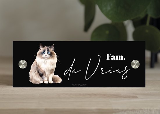 Plaque signalétique porte d'entrée avec chat Ragdol 7x20 cm noir mat