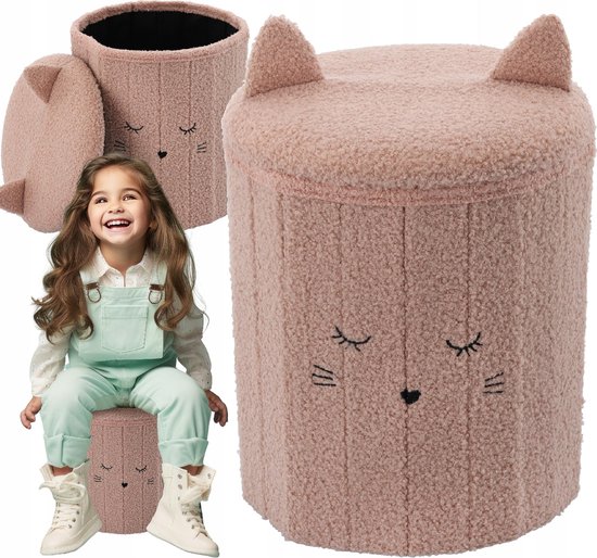Opvouwbare poef met opbergruimte, pluche, voor kinderen, poes, roze 28x28x34 cm