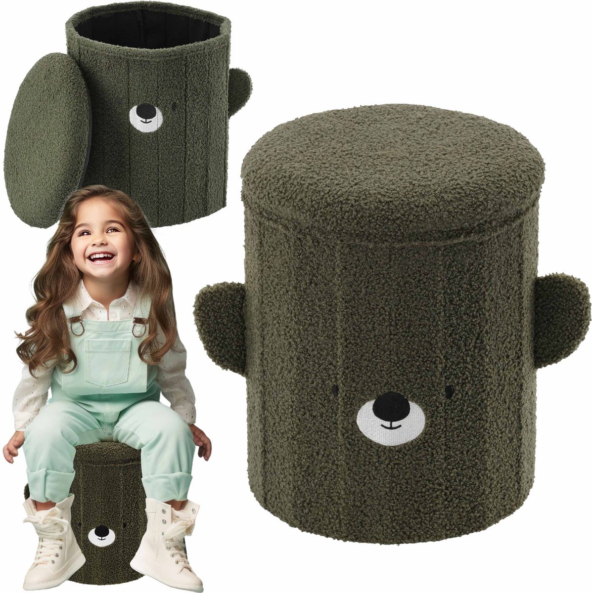 Opvouwbare poef met opbergruimte, pluche, voor kinderen, groene teddybeer 28x28x34 cm