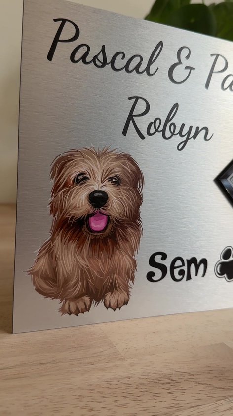Plaque de porte d'entrée pour chien Norfolk Terrier 20x28 cm avec numéro de maison aspect inox et noir