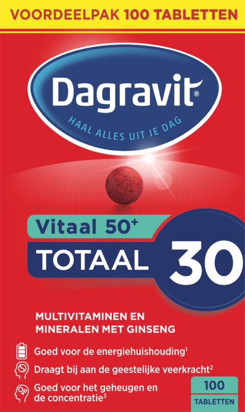Verpakking Dagravit Vlitaal 50+ Totaal 30 met 100 tabletten. Multivitaminen en mineralen met ginseng.