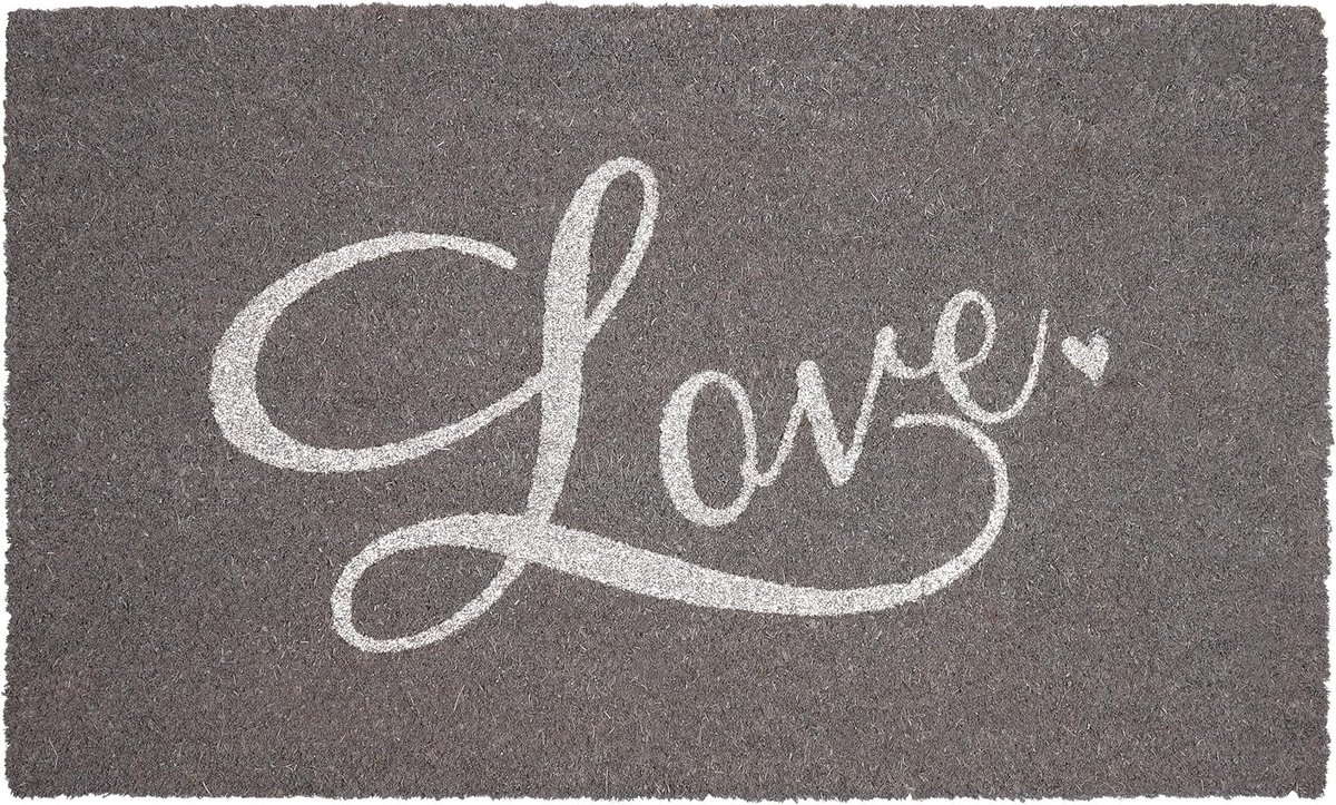 BRUBAKER Love Deurmat voor buiten en binnen, 45 x 75 cm, vuilvangmat van 100% kokos, antislip deurmat met glitterletters, weerbestendig en antislip, deurmat voor huisdeur, grijs