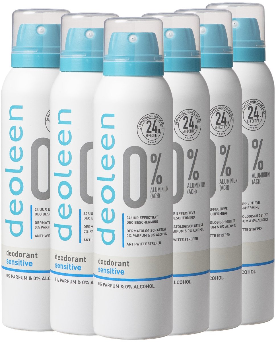 Goedkoopste Deoleen 0 aluminium - Aerosol Sensitive - Deodorant - 150 ml 6 pack