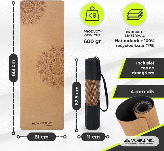 Mobiclinic EY-02 - Yogamat van kurk - Natuurlijke kurkmat - TPE - Yoga mat - Ecologisch - Antimicrobieel - Antislip - Evenwichtige demping - Inclusief draagtas - 183 x 61 x 0.4 cm van Mobiclinic — afbeelding 2