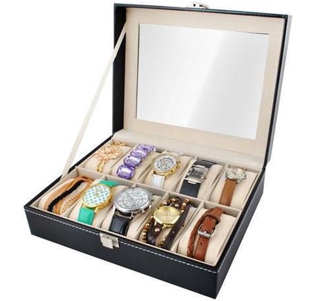 10 Horloges Compartimenten Horlogedoos - Horlogedoos Met Kussentjes - Horloge Opbergbox Houder Kist - Opbergkist Heren-Dames - Zwart Leer - LOUZIR