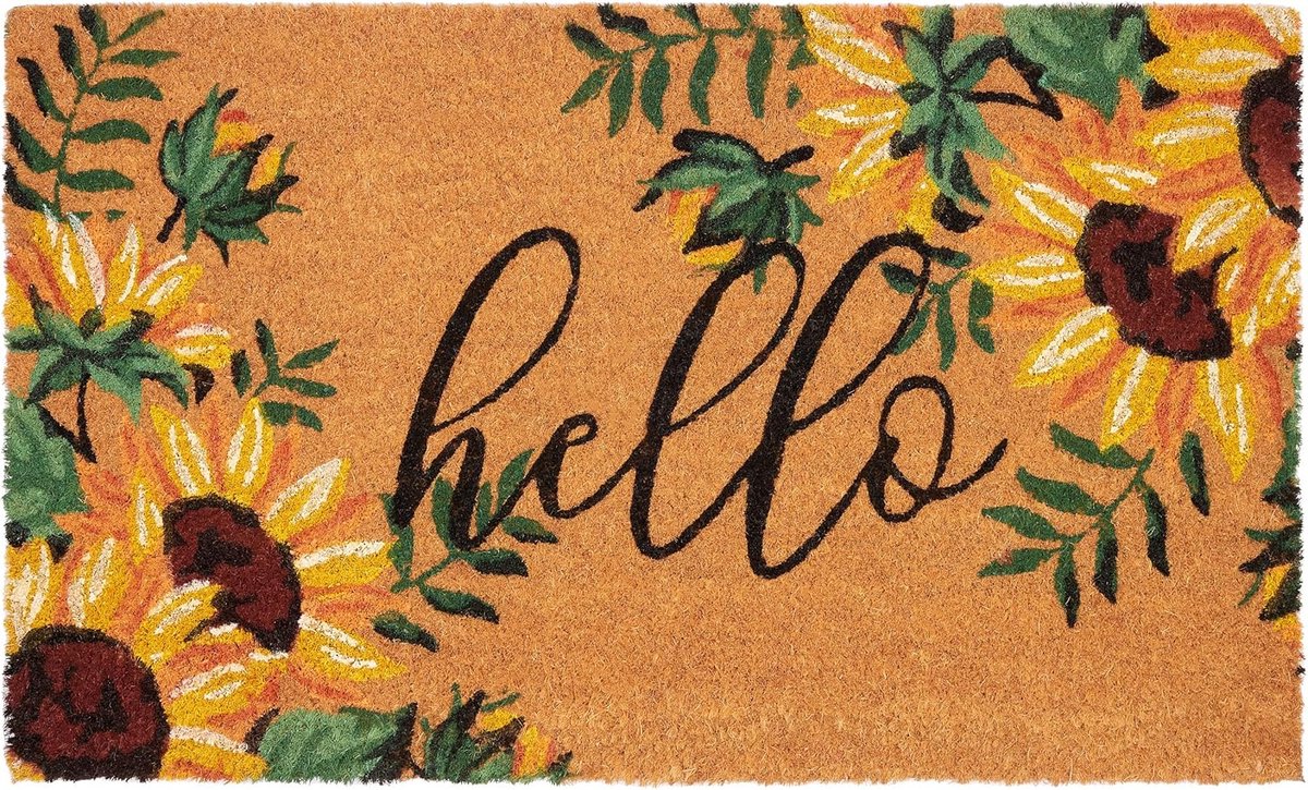 BRUBAKER Deurmat voor buiten en binnen, Hello met zonnebloemen, 45 x 75 cm, bloemen, vuilvangmat van 100% kokos, antislip voetveger, weerbestendig en antislip, deurmat voor huisdeur