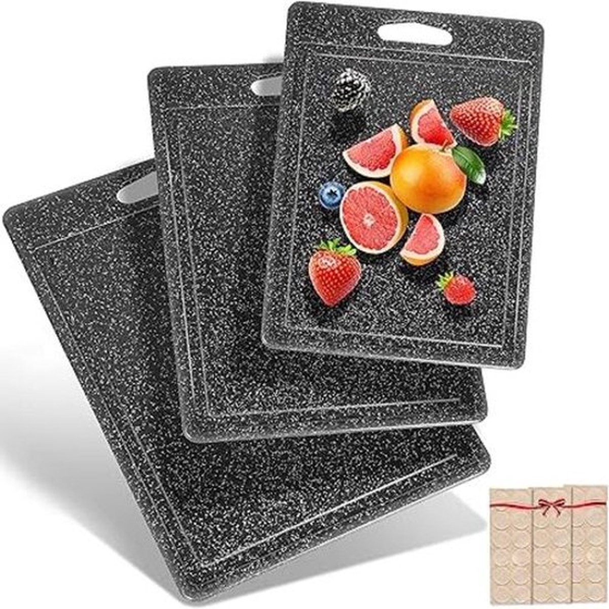 Snijplankenset, 3-delig, graniet-look, 100% antislip stickers en sapkanaal, BPA-vrij, met handvat, snijplanken, kunststof, antibacterieel, vaatwasmachinebestendig, ontbijtplankje