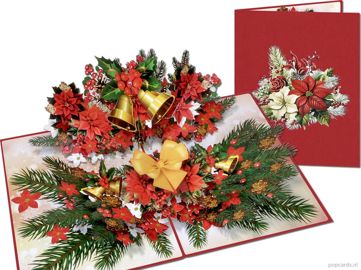 Popcards.nl pop-up kaart - 3D Kerstkaart Tafelstuk met Kerststerren, Dennentakken en Klokken Kerststuk Kerstkrans Wenskaart 3D kaart
