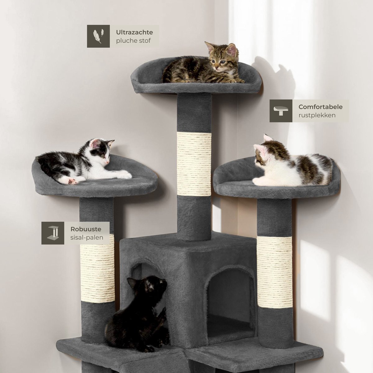 tectake® Kattenkrabpaal groot - Kattenboom met 3x sisal krabpaal en kattenaccessoires- 3x ligplaats en 1x kattenhuisje, 2x kattentrap - Middelhoog voor katten, kittens en katers - 170cm hoog - Grijs thumbnail 8