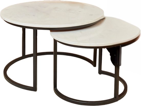 lukmebel Ciri Ronde 2in1 Salontafel – Set Van 2 Stuks – Bijzettafels Woonkamer – Levanto Marmeren Bladen Op Goud Metalen Onderstel – 70x48x70/ 80cm & 50x42x50/60cm