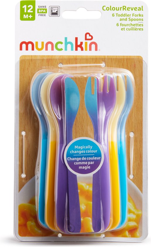 Verpakking met 6 kleurveranderende baby lepels en vorken, die van kleur veranderen met temperatuur.