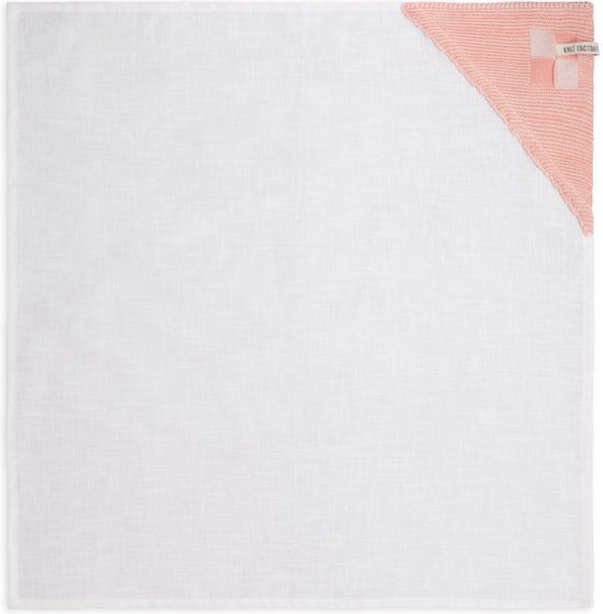 Ecru linnen theedoek met apricot/roze hoek.