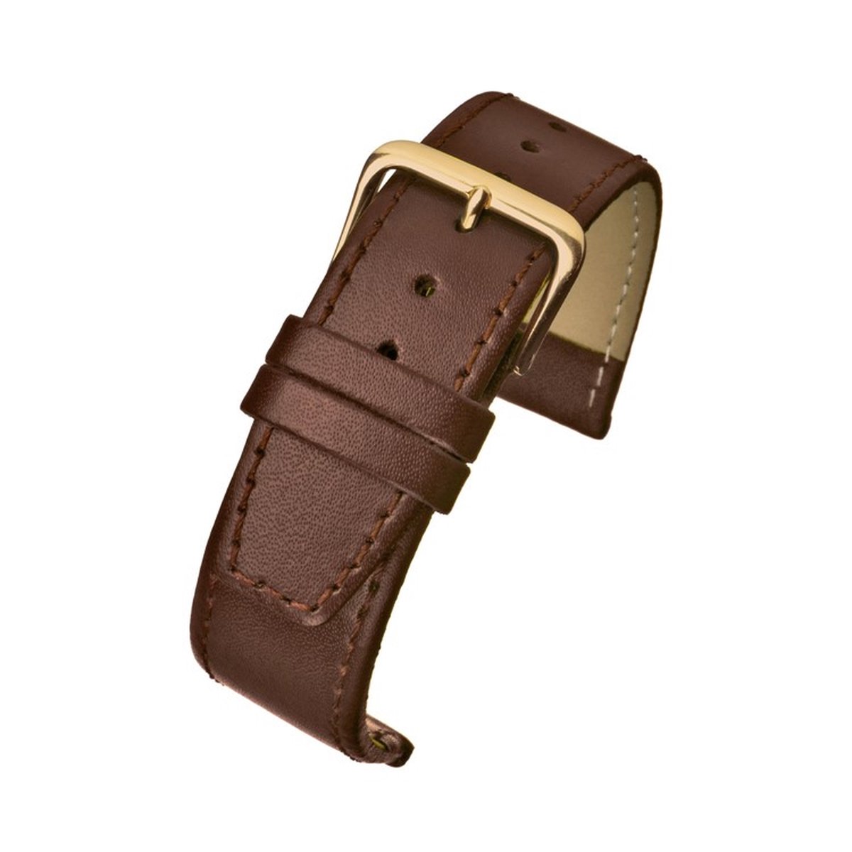 Horlogeband-horlogebandje-10mm-bruin-cognac-gestikt-echt leer-plat- goudkleurige gesp-leer-10 mm