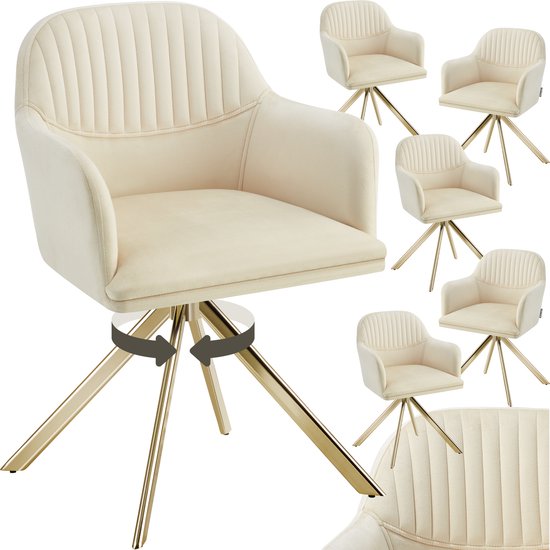 Crèmekleurige fluwelen draaistoel met geribbelde rugleuning en gouden poten. Meerdere stoelen getoond, ook een close-up van de bekleding.