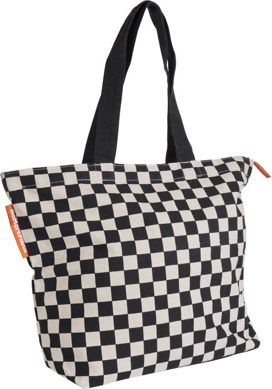 Boodschappentas met rits - Rich Black - Blokkenpatroon - Duurzaam - Gerecycled katoen - Cadeau voor vrouw