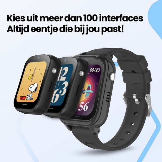 Zwarte smartwatch met weergave van 3 verschillende wijzerplaten: SNOOPY, cijfers en een robot.
