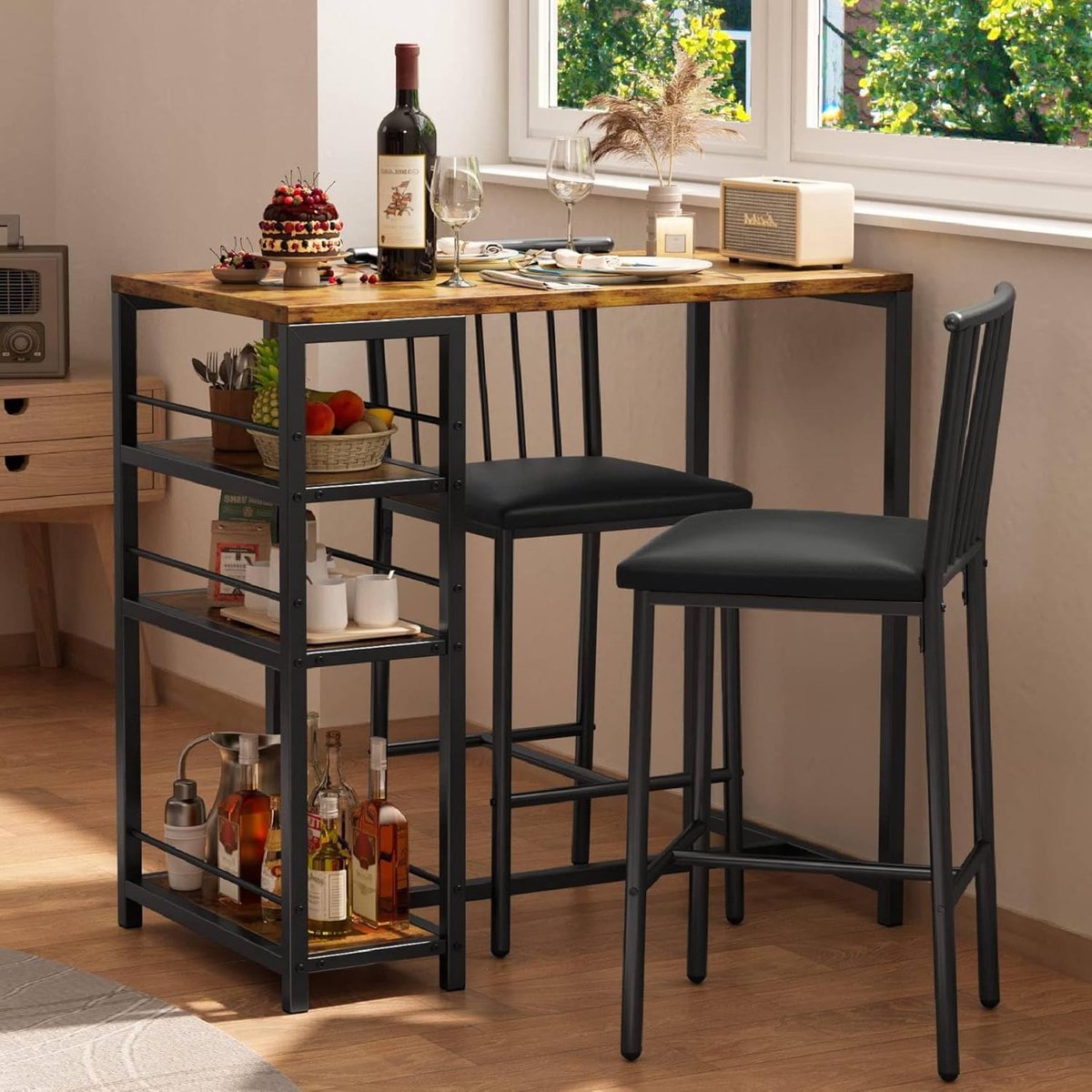 Bealife TB51 Bartafel - 2 beklede stoelen - 90 x 50 x 90 cm - Bruin
