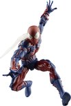 Actiefiguur van Spider-Man Unlimited, rood en blauw, in een dynamische pose met witte cape.